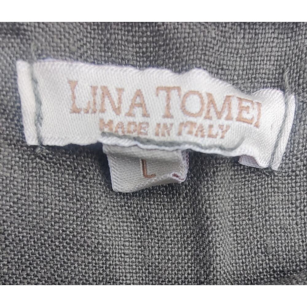 Lina Tomei Dark Olive Linen Shift Dress with Tropical Leaf Embroidery Coastal L - Picture 4 of 4